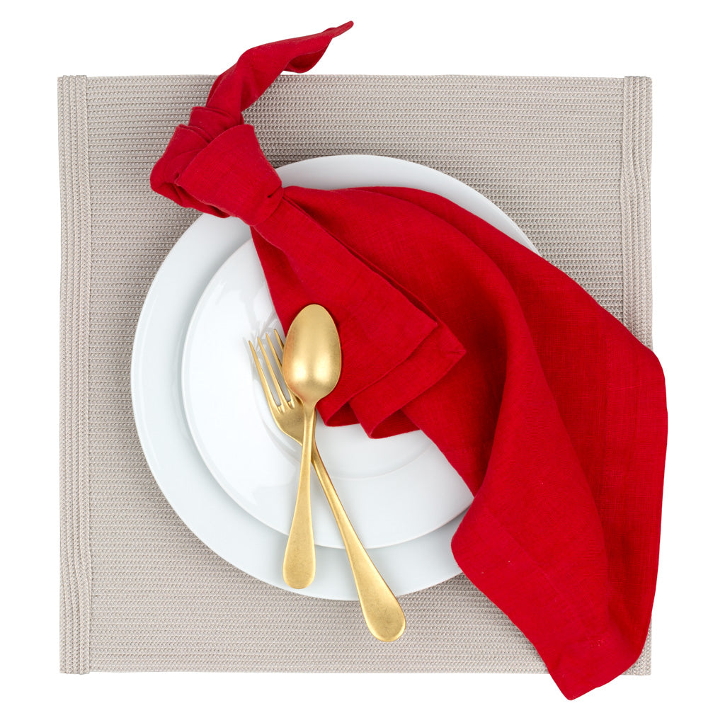 linen beige placemat with red napkin