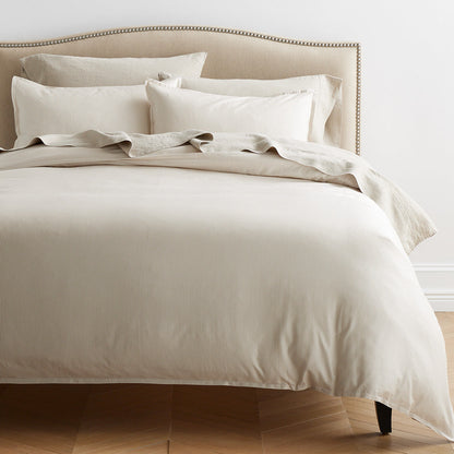 Khaki and white chambray and khaki washed linen bedding 