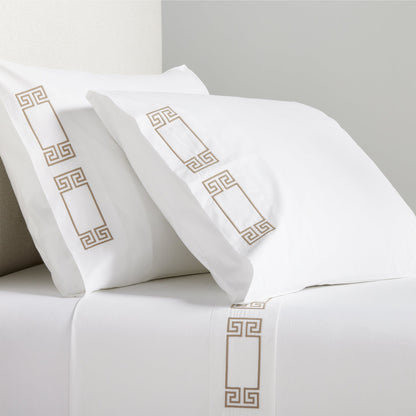 Khaki Modern Embroidered Greek Key Percale Sheet Set
