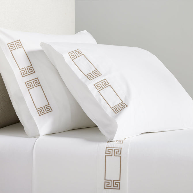 Khaki Modern Embroidered Greek Key Percale Sheet Set