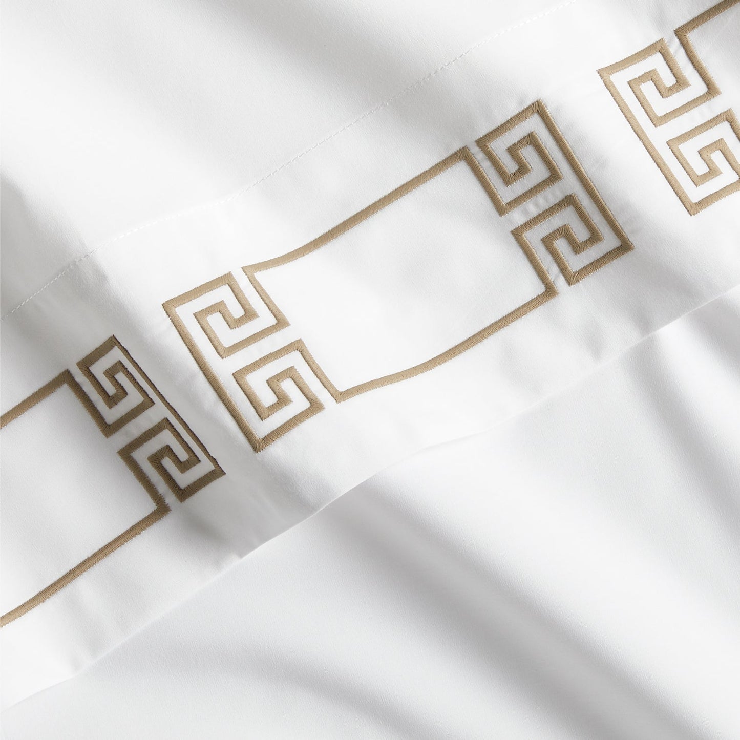 Khaki Modern Embroidered Greek Key Percale Sheet Set