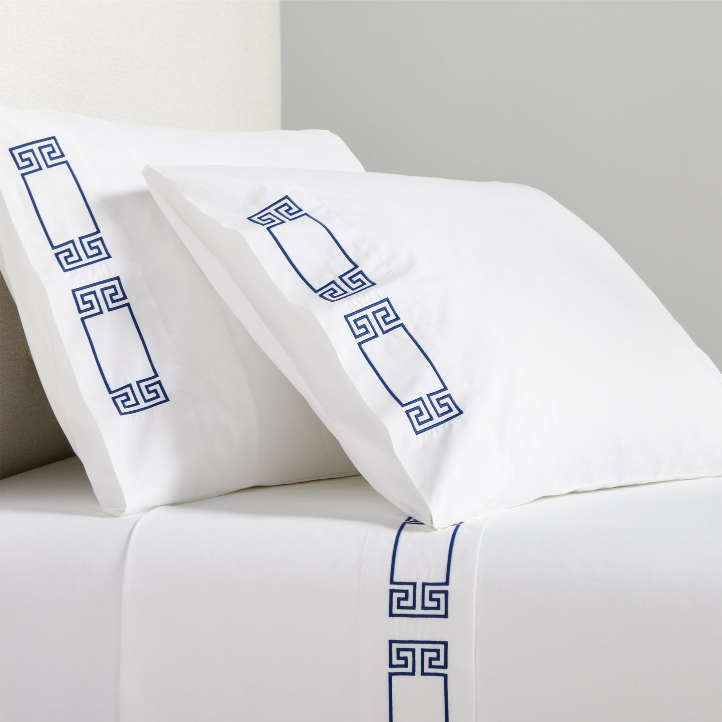 Navy Modern Embroidered Greek Key Percale Sheet Set