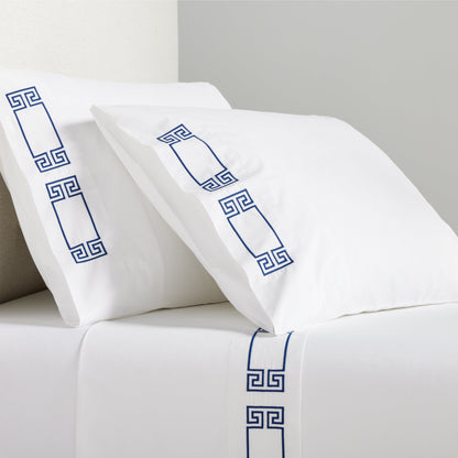 Navy Modern Embroidered Greek Key Percale Sheet Set