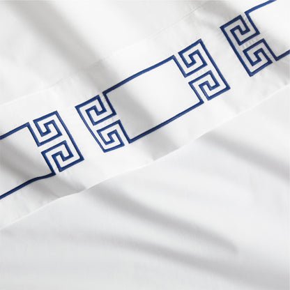 Navy Modern Embroidered Greek Key Percale Sheet Set