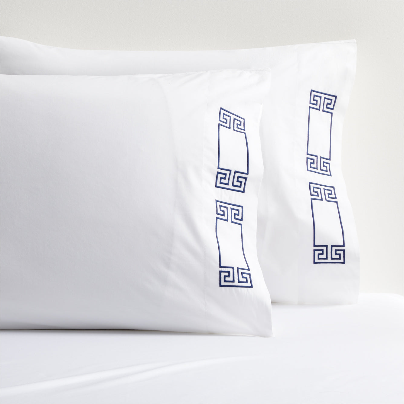 Navy Modern Embroidered Greek Key Percale Sheet Set