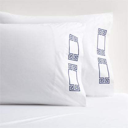 Navy Modern Embroidered Greek Key Percale Sheet Set