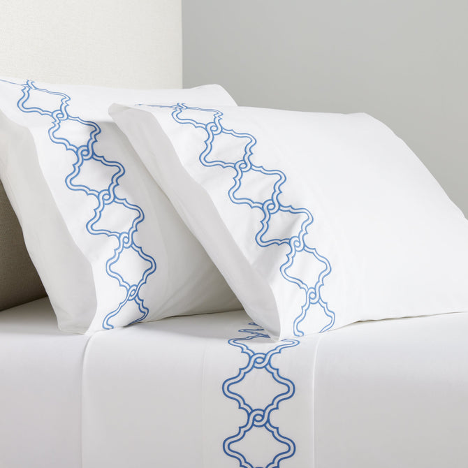 Blue Modern Embroidered Tile Percale Sheet Set