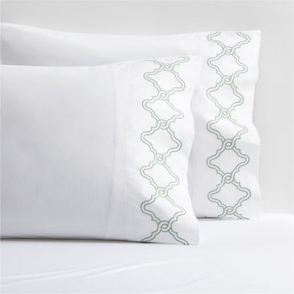 Seafoam Green Modern Embroidered Tile Percale Sheet Set