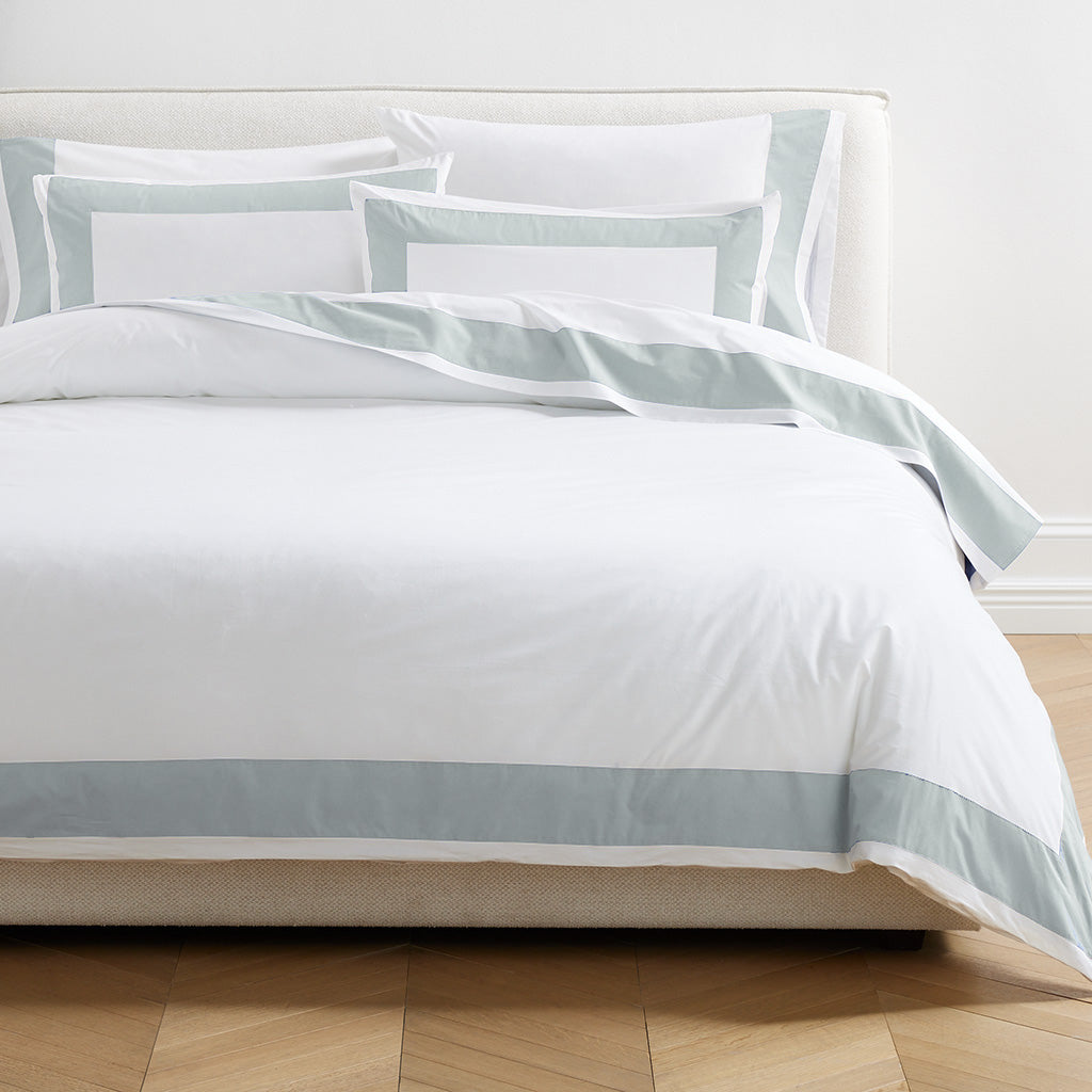 seafoam green and white bedding 