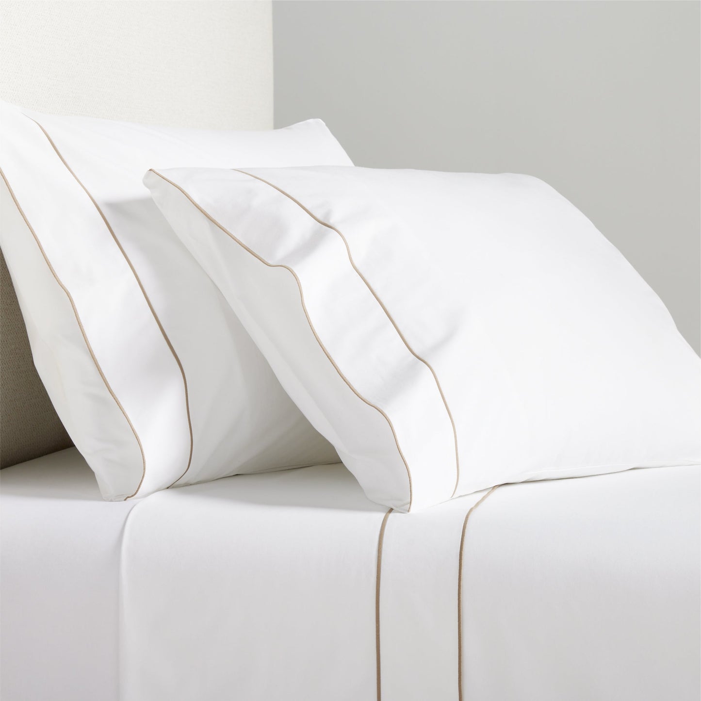 Khaki Border Satin Stitch Percale Sheet Set