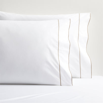 Khaki Border Satin Stitch Percale Sheet Set
