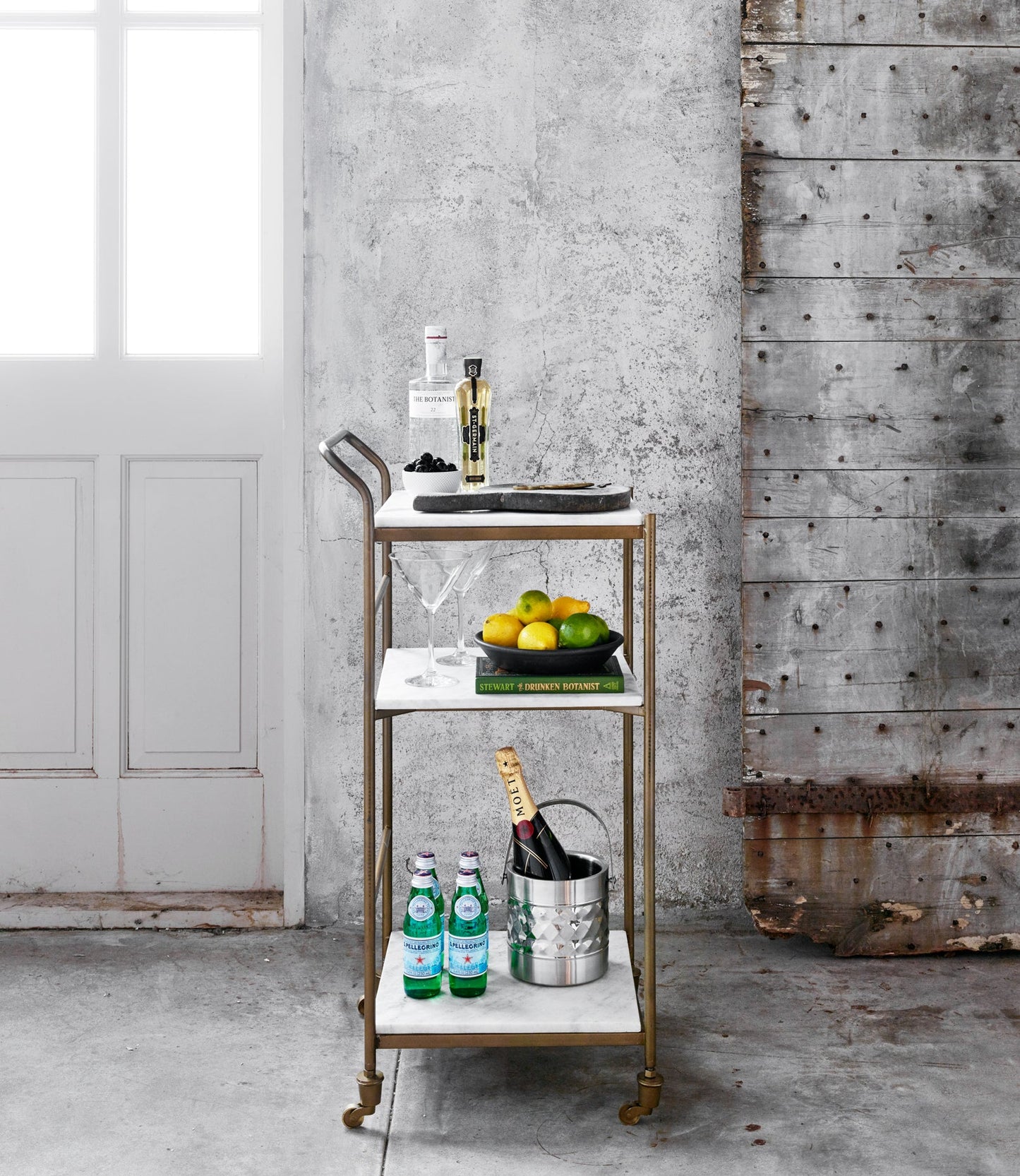 brass bar cart in use