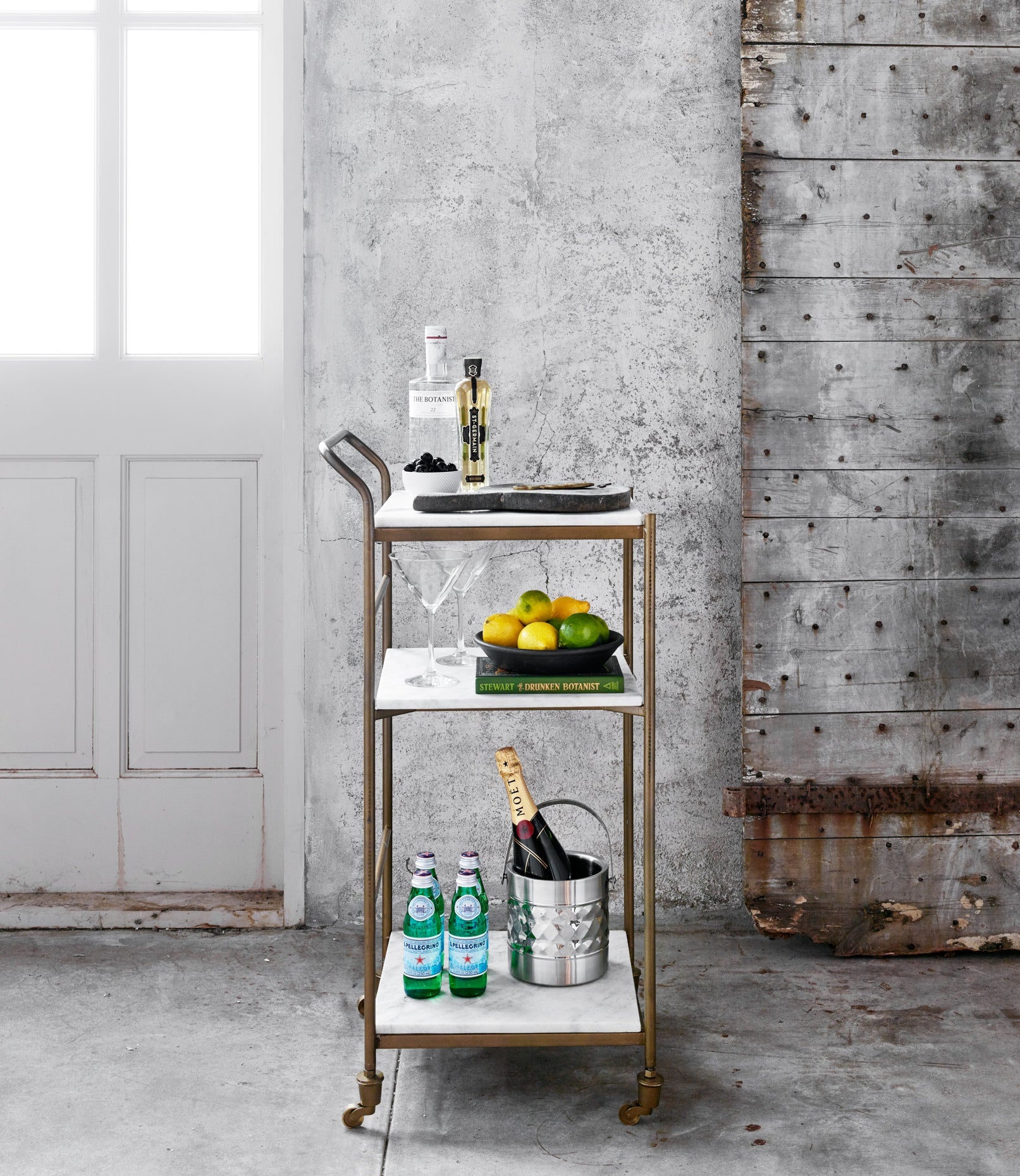 brass bar cart in use