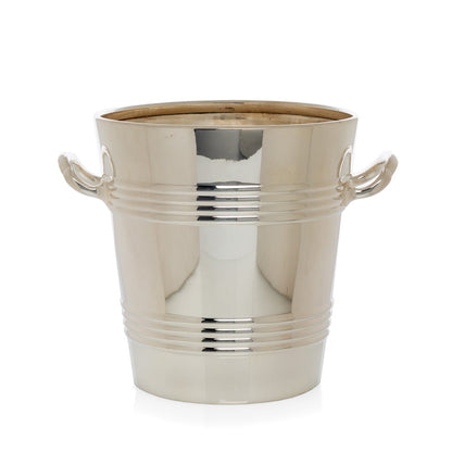 Short vintage silver ice bucket with lines and handles