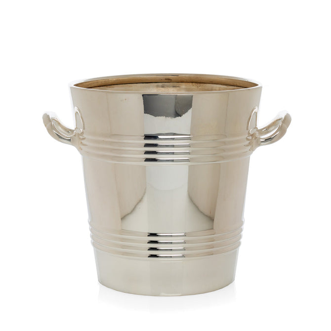 Short vintage silver ice bucket with lines and handles