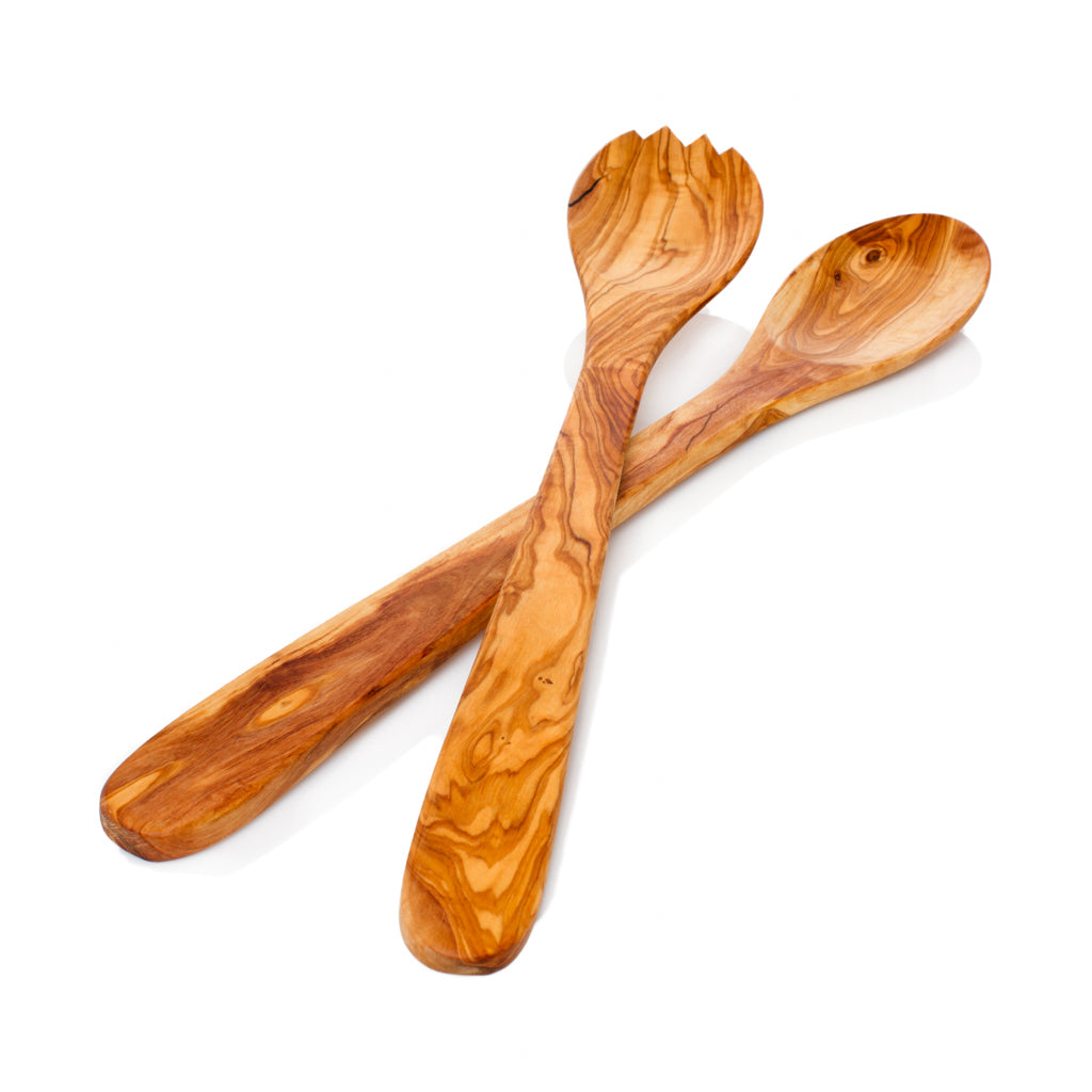 Olive Wood Salad Server Set Long Handle Natural