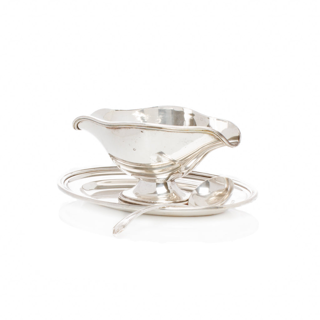 Vintage Silverplate Sauce Boat on Tray with Ladle