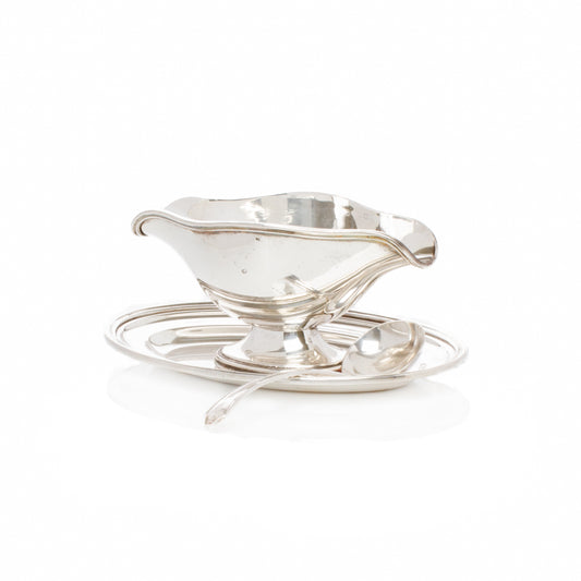 Vintage Silverplate Sauce Boat on Tray with Ladle