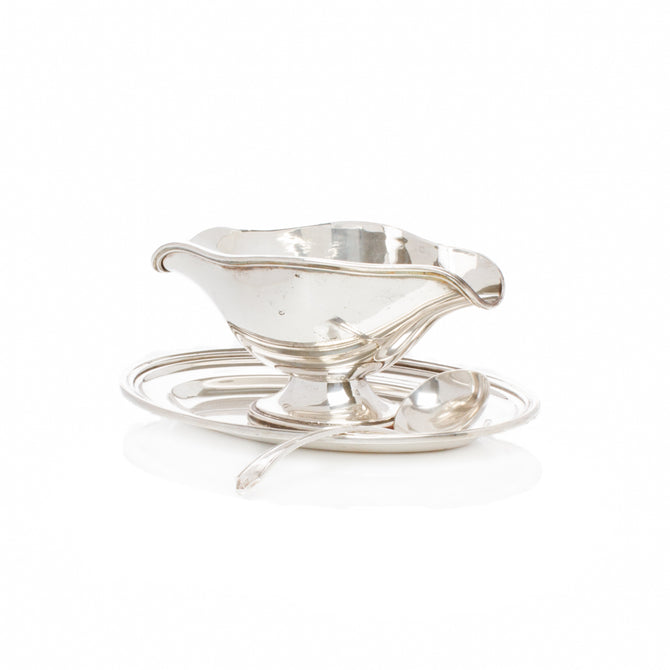 Vintage Silverplate Sauce Boat on Tray with Ladle