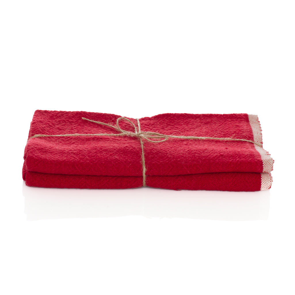 Red Chunky Linen Hand Towels - Set of 2