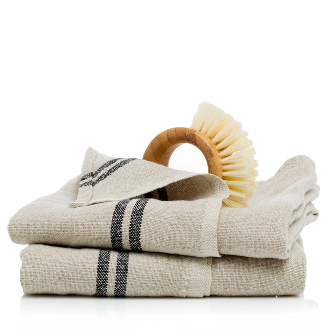 Vintage Linen Tea Towel Natural with Black s/2